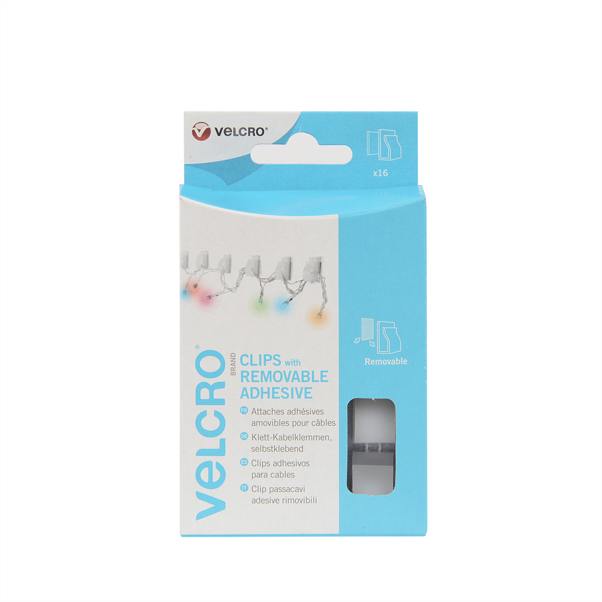 Velcro Clips mit ablösbarem Klebstoff. Blaue Box, weiße Clips und bunte Lichter. Velcro-Logo.