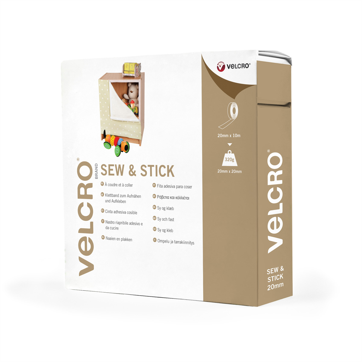 Velcro Sew & Stick-Paket. Die Packung ist braun, mit Velcro-Markenlogo und Bildern.
