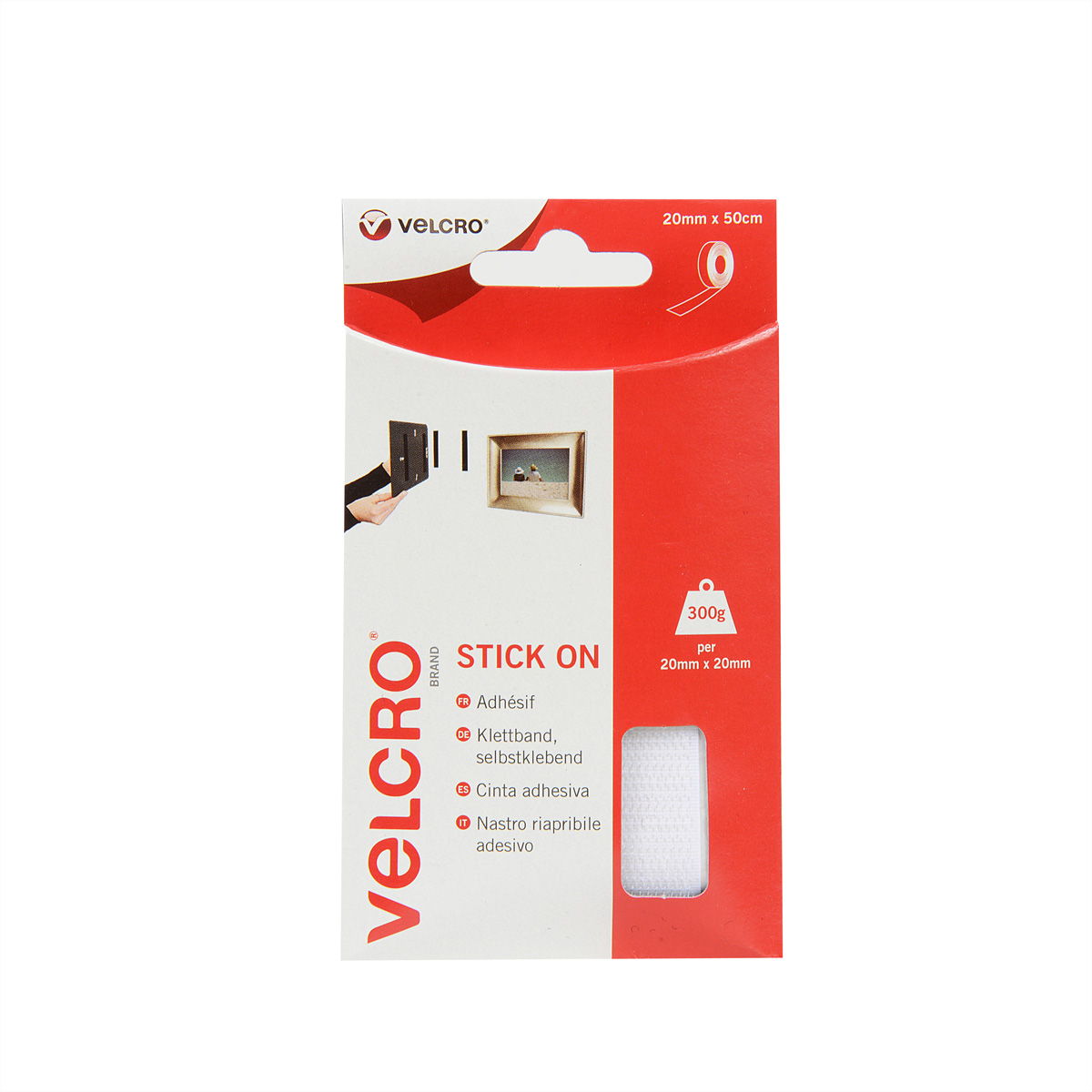 Nastro adesivo Velcro, rotolo 20mm x 50cm, regge 300g.