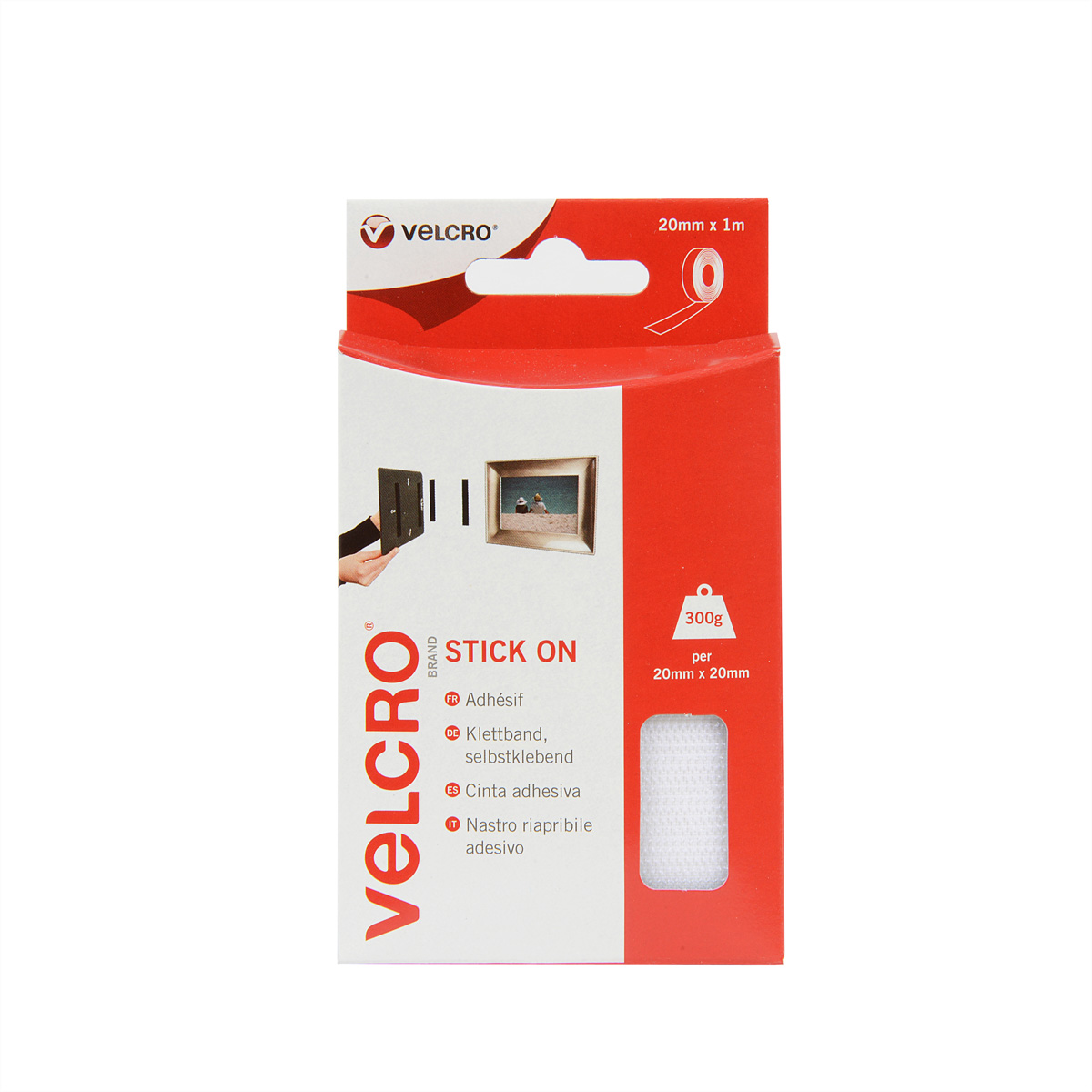 Confezione nastro adesivo Velcro, 20mm x 1m, regge 300g.