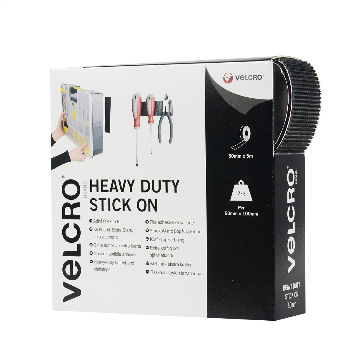 Velcro Heavy Duty Stick On-verpakking met doos en rol. Bevat instructies en afbeeldingen van gereedschap.