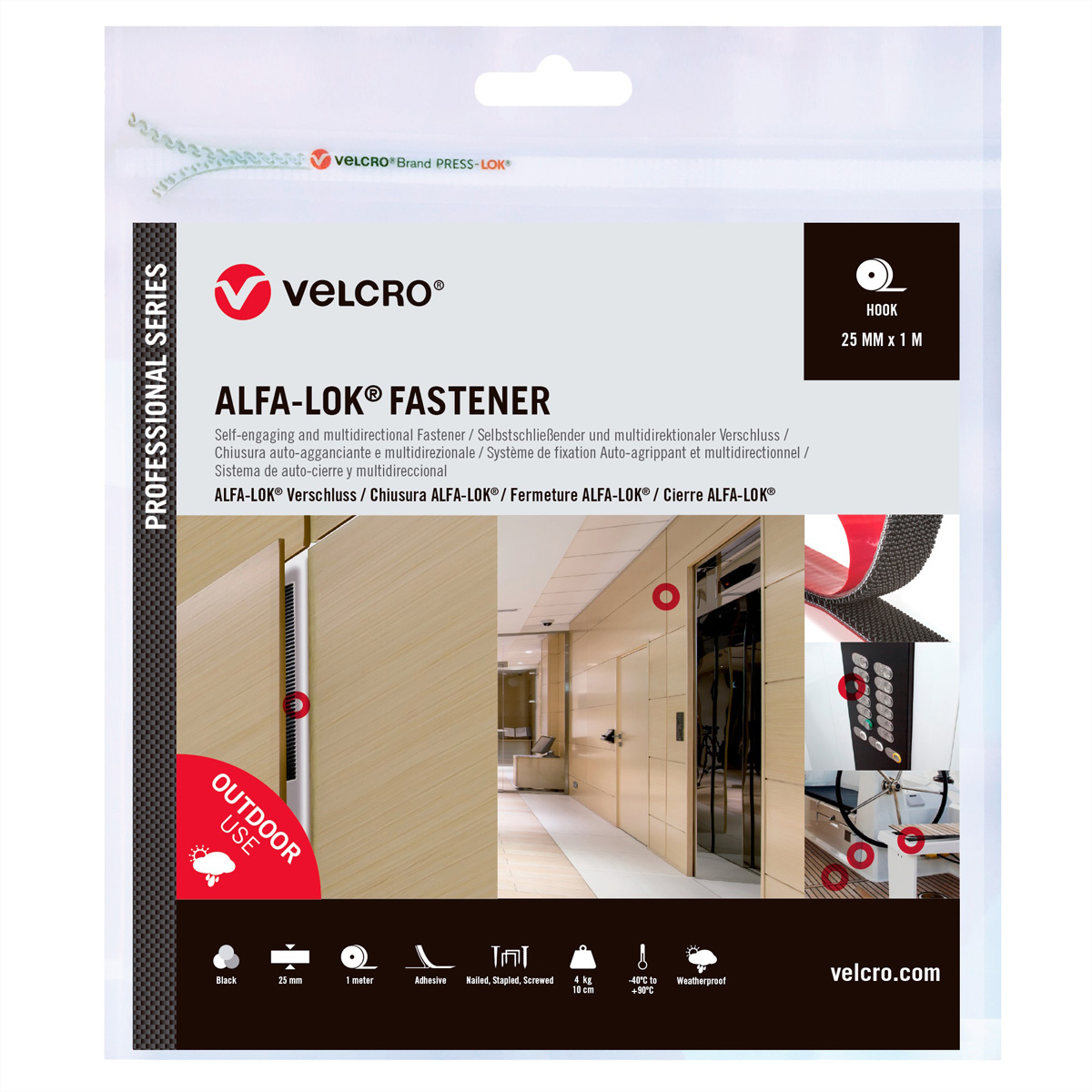 Eine Packung Velcro Alfa-Lok-Verschlüsse. Das Bild zeigt die Verwendung der Verschlüsse an einem Türrahmen.
