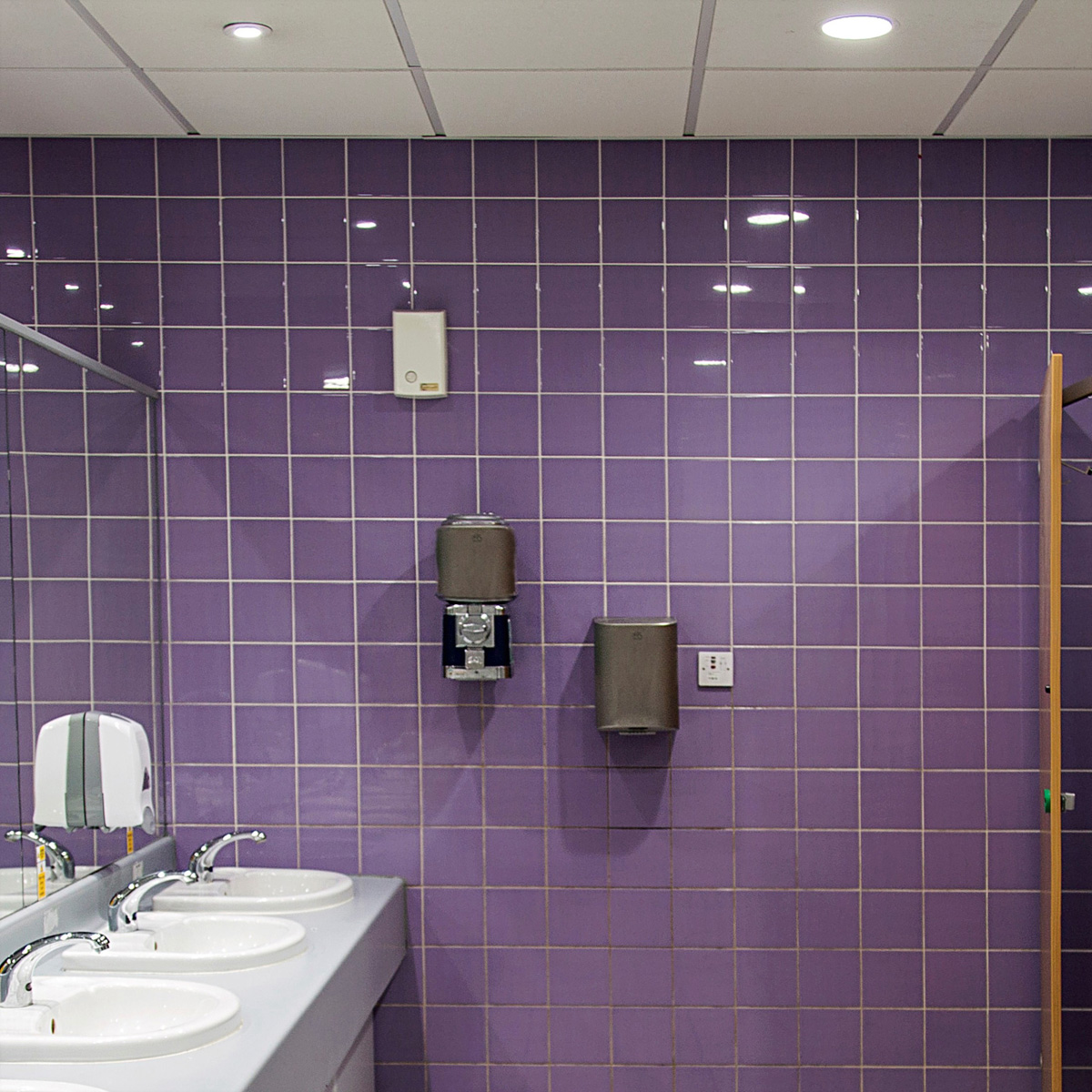 Eine öffentliche Toilette mit lilafarbenen Fliesenwänden, Waschbecken, einem Spiegel und Spendern.