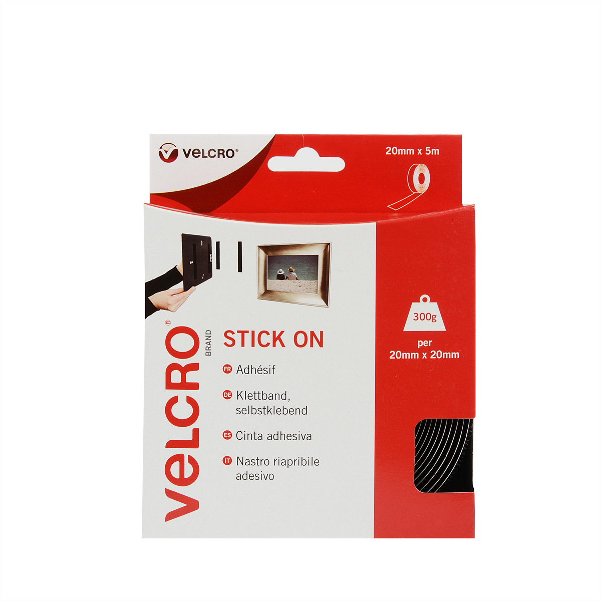 Box von Velcro 'Stick On' Klettverschlüssen mit Produktinformationen.