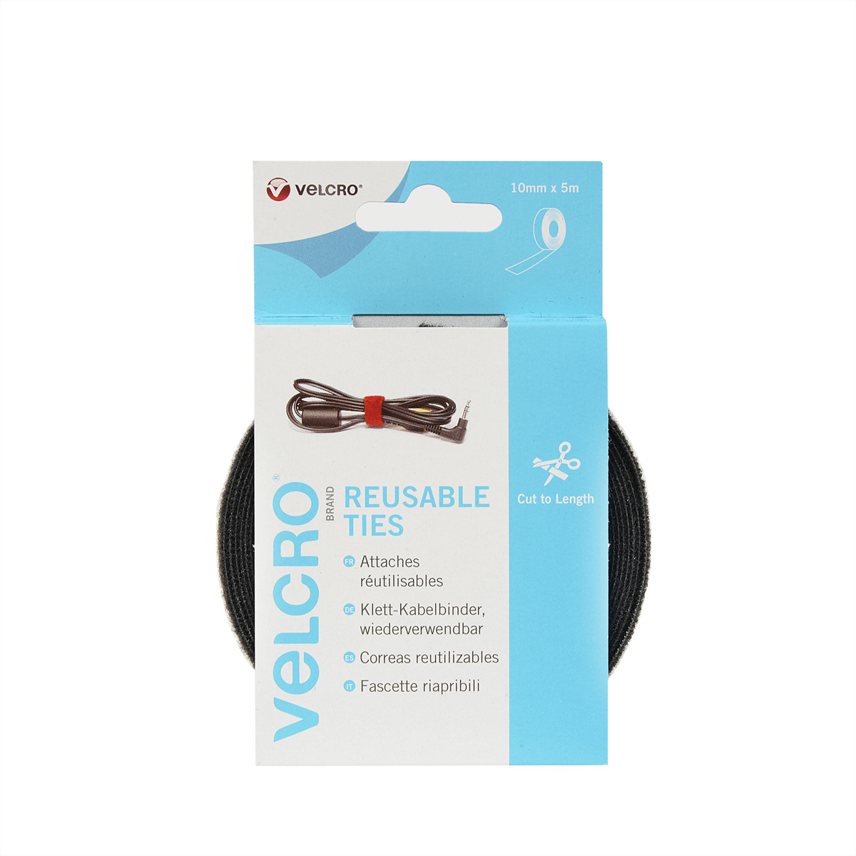 Velcro Reusable Ties-Packung mit schwarzen Bindungen und einem braunen Kabel. Die Packung ist schwarz.