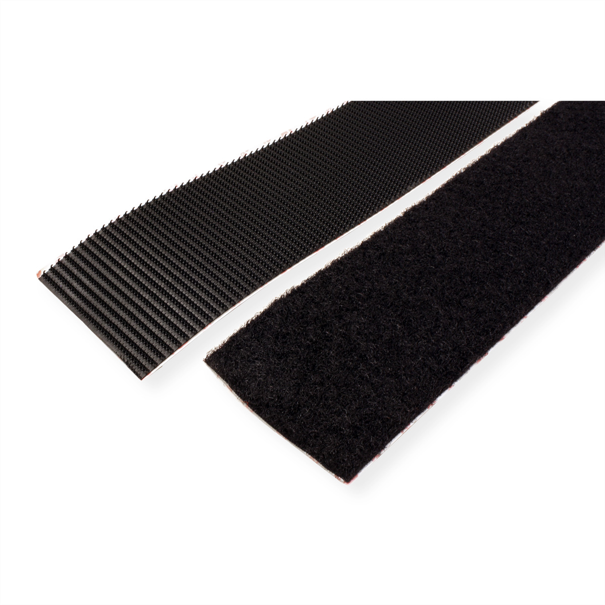 Twee zwarte klittenbandstrips, één met haken en de andere met lussen.