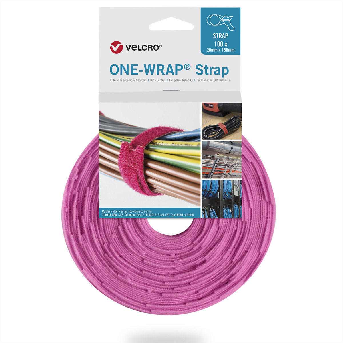 Un rotolo di cinghie in velcro rosa con un'etichetta del prodotto e immagini dimostrative di utilizzo.