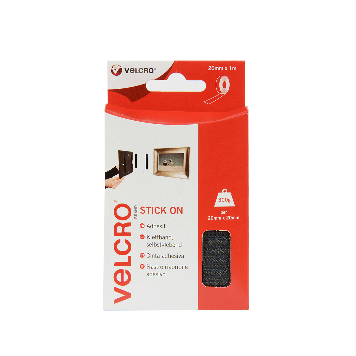 Velcro Stick On-verpakking met doos en rol. De verpakking bevat afbeeldingen van items die bevestigd kunnen worden.