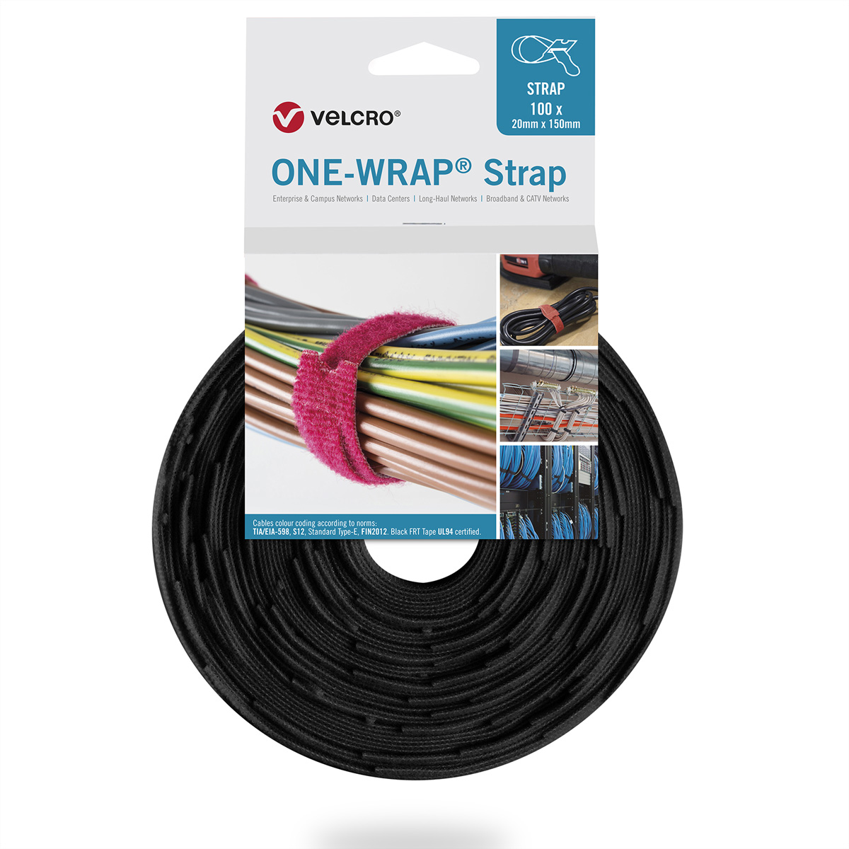 Schwarze Velcro One-Wrap-Bandrolle. Bilder von umwickelten Kabeln befinden sich auf der Vorderseite der Verpackung.