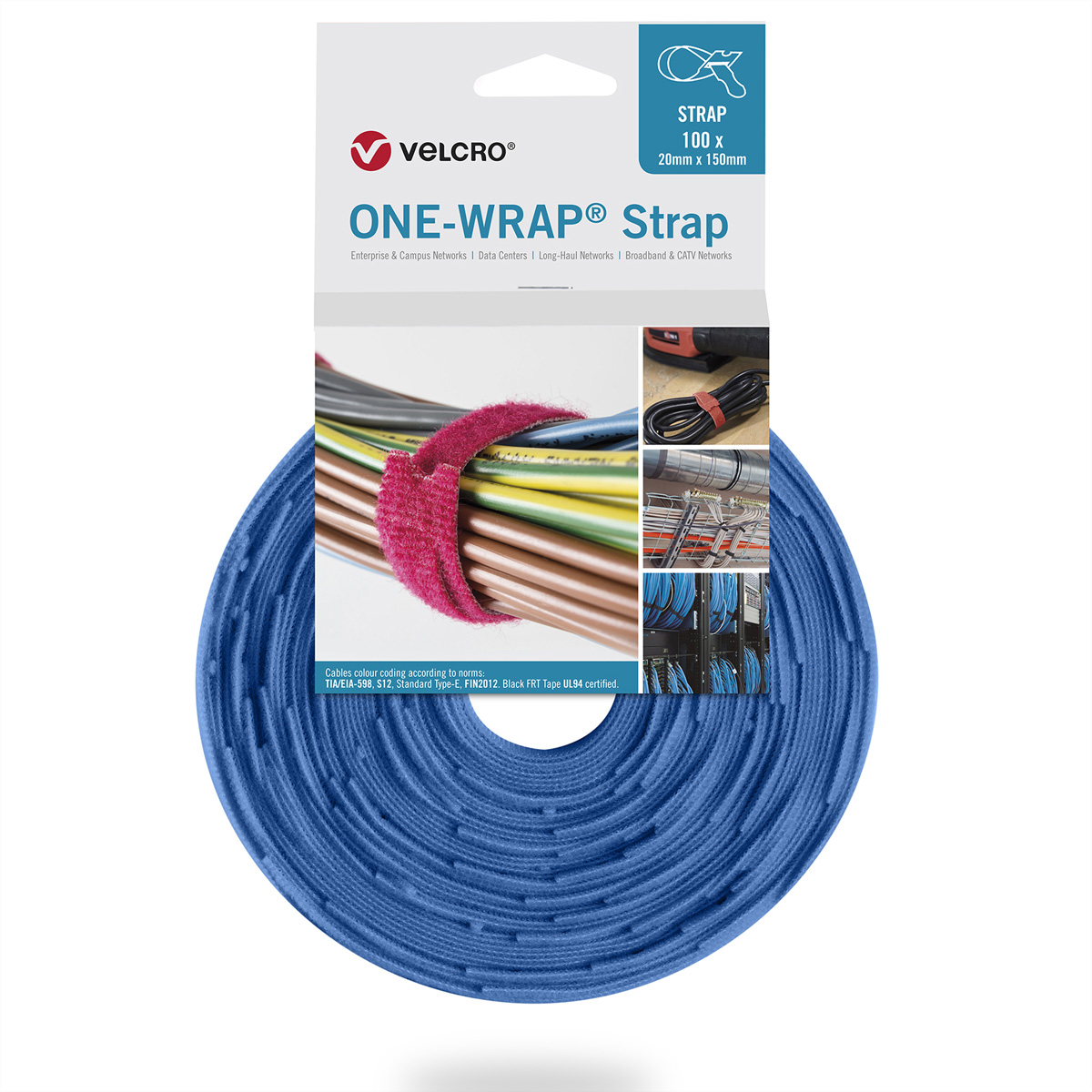 Fascetta per cavi blu di VELCRO. L'immagine mostra un rotolo di nastro con foto delle applicazioni.