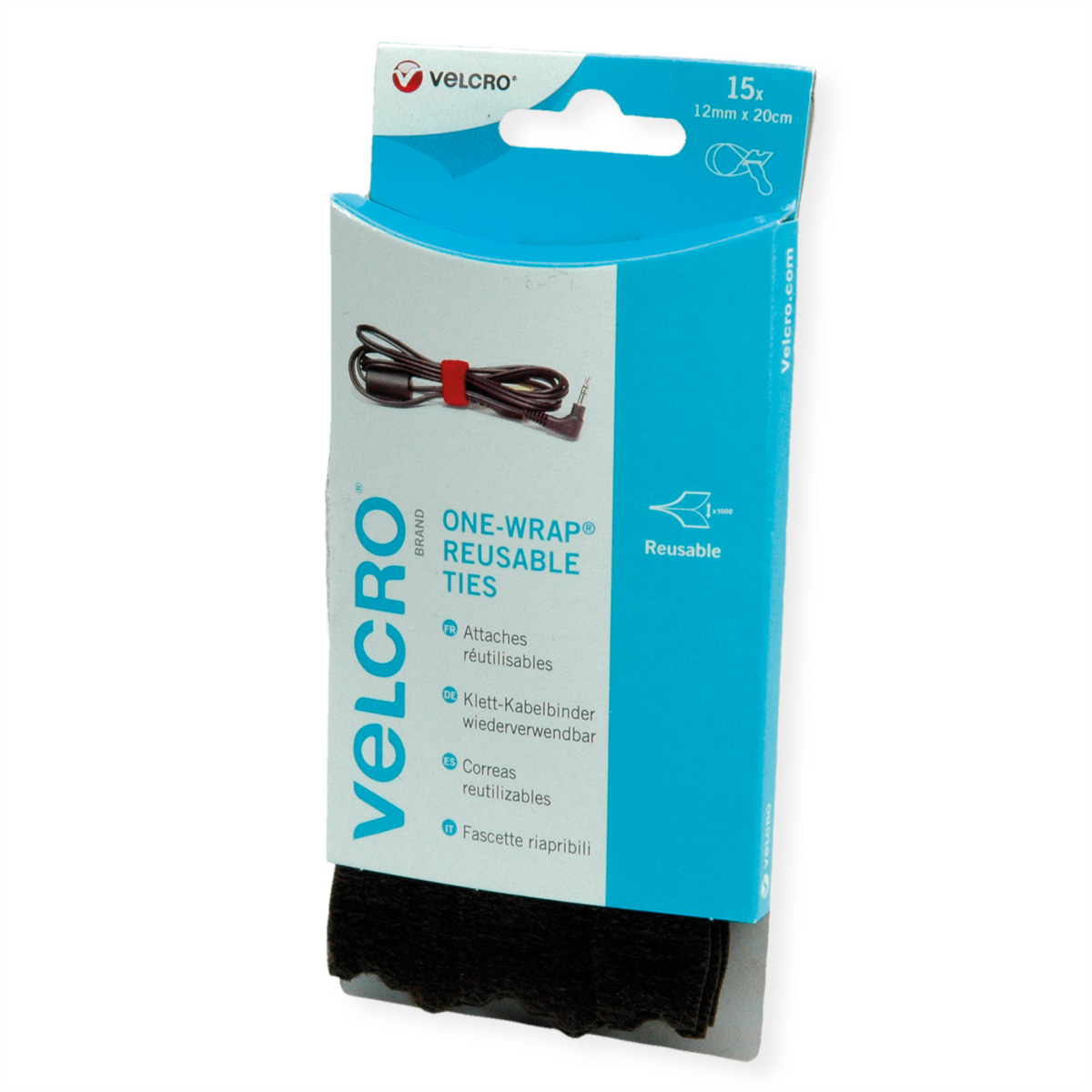 Velcro One-Wrap Reusable Ties-Paket mit schwarzen Bindungen. Die Packung ist blau-weiß.