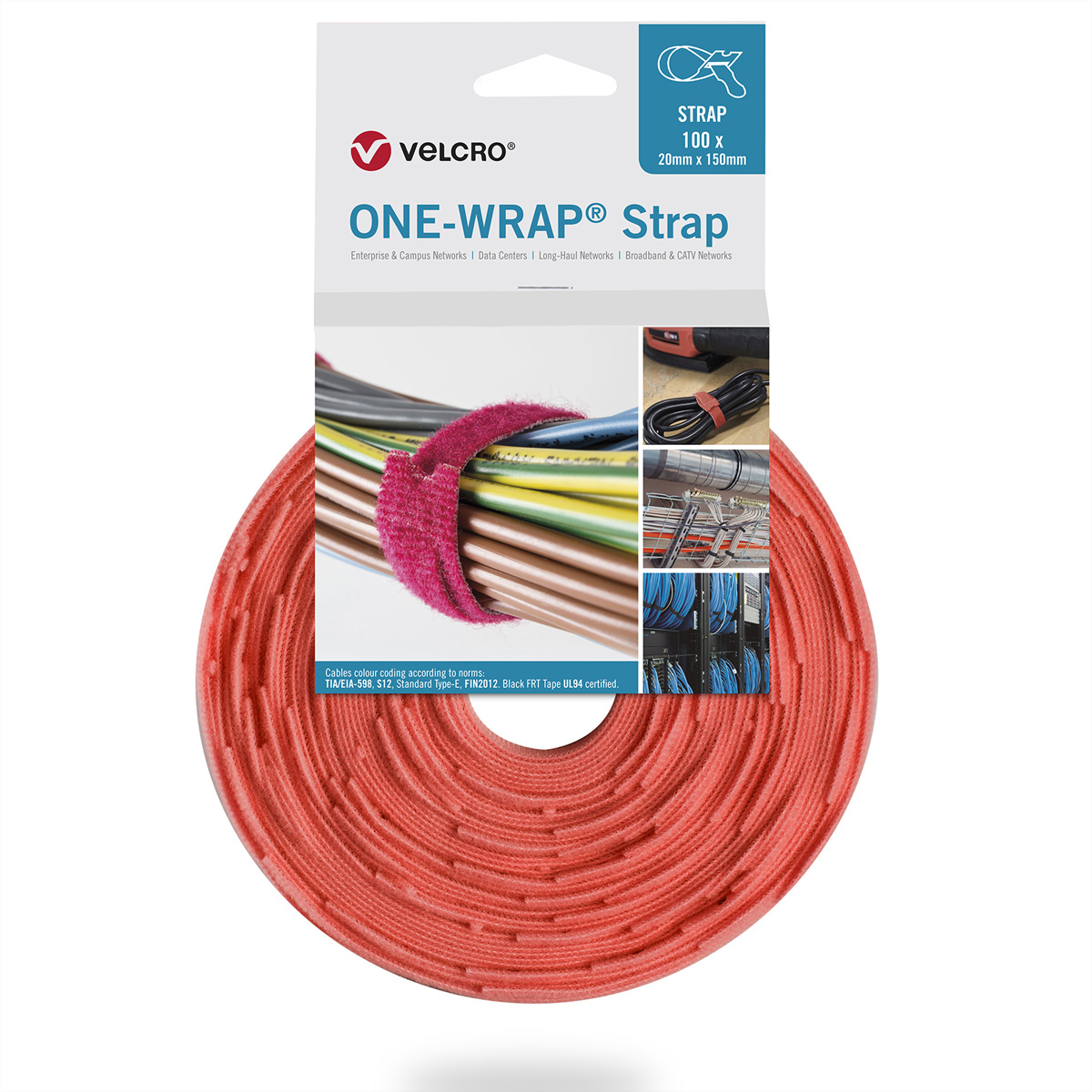 Un rotolo rosso di cinghia One-Wrap con una confezione con immagini sopra.