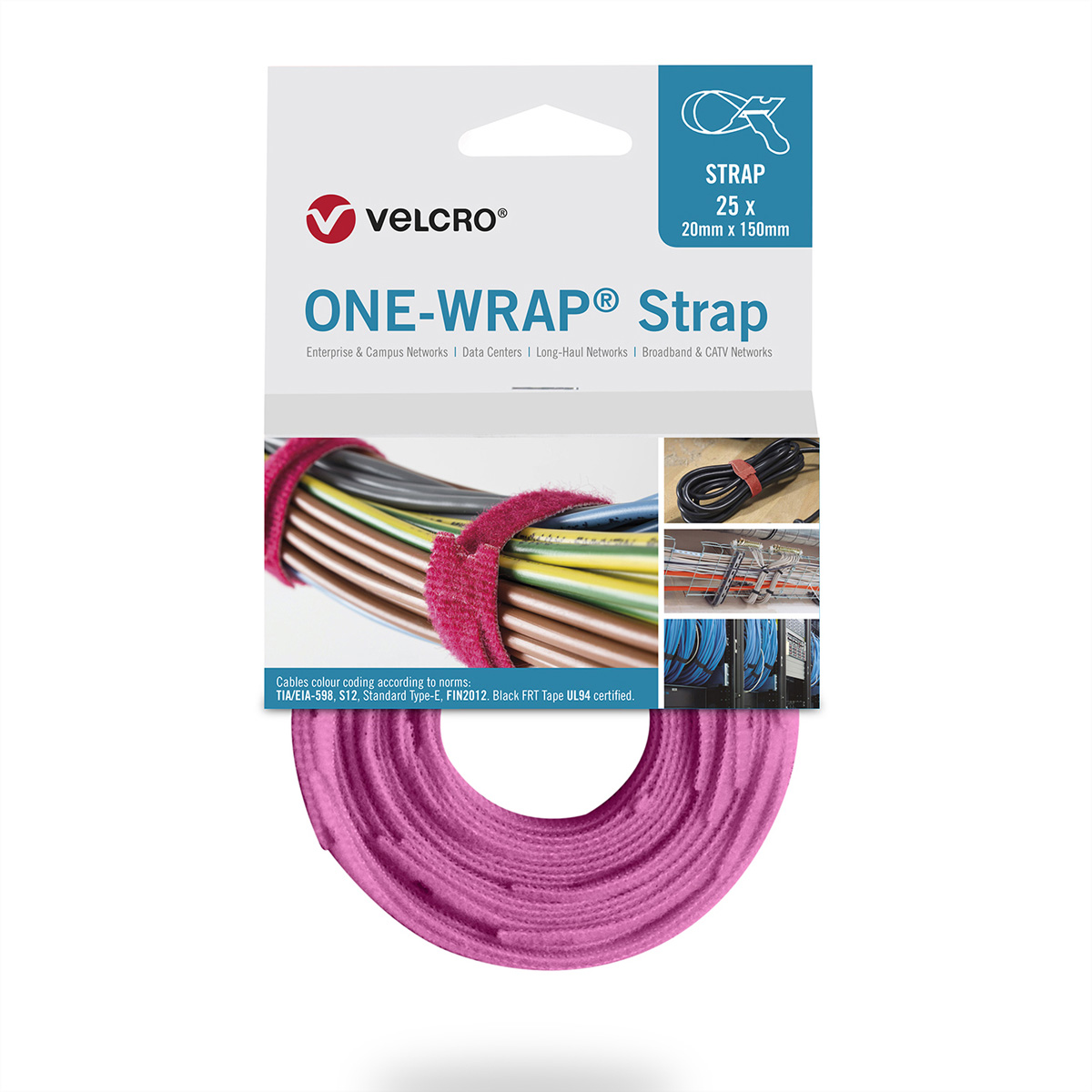 Rotolo di cinturino rosa Velcro One-Wrap. Cavi avvolti. Sfondo bianco. Testo e logo visibili.