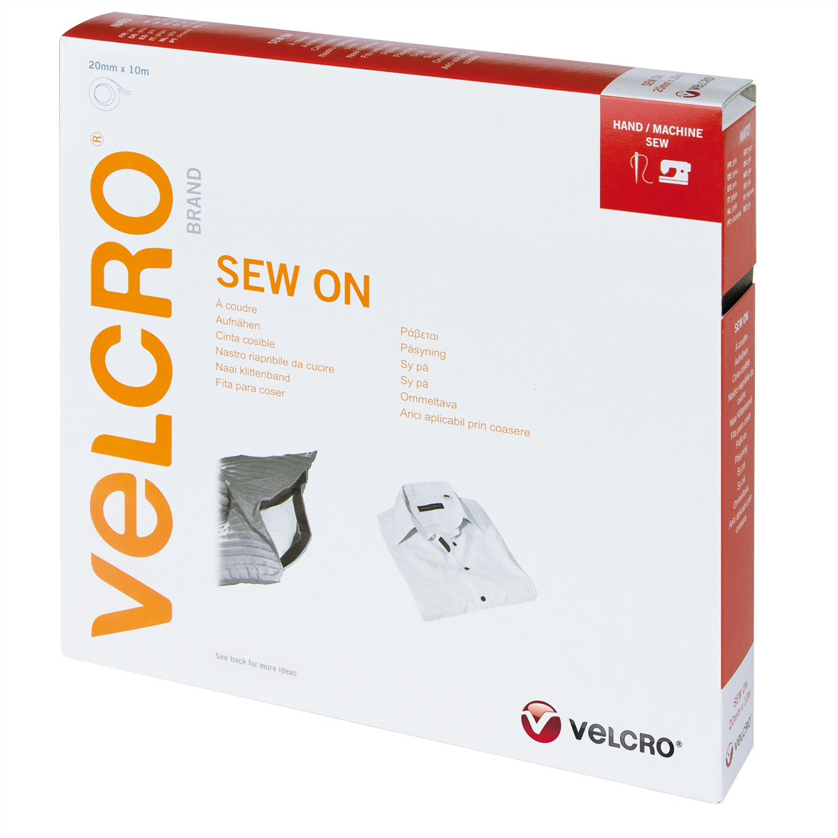 Weiß-rote Velcro-Box. Aufschrift: 'Sew On'.