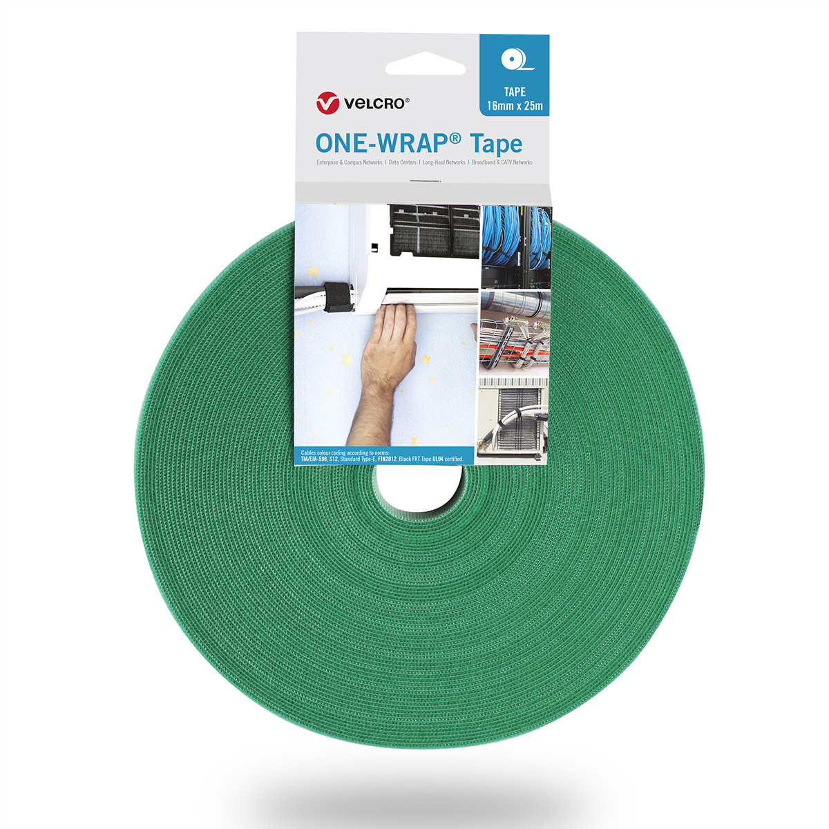 Rotolo di nastro verde One-Wrap, con immagini delle applicazioni sulla confezione.
