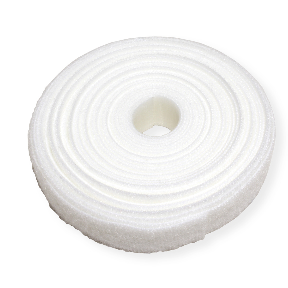 Rotolo di velcro bianco su sfondo bianco. Il velcro ha una forma circolare.