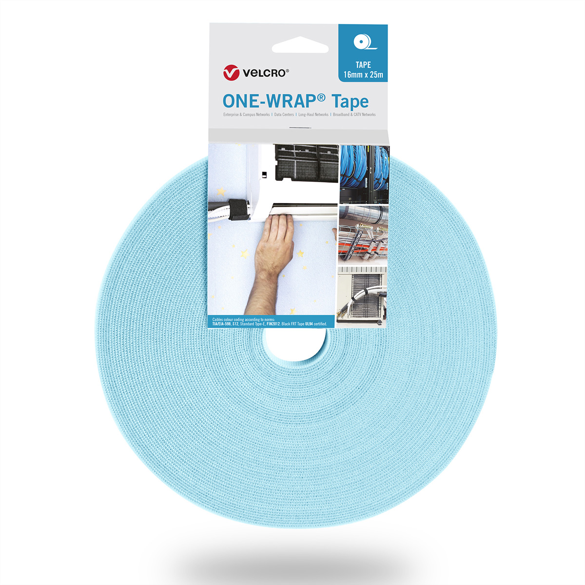 Un rotolo azzurro di nastro One-Wrap con una confezione con immagini sopra.
