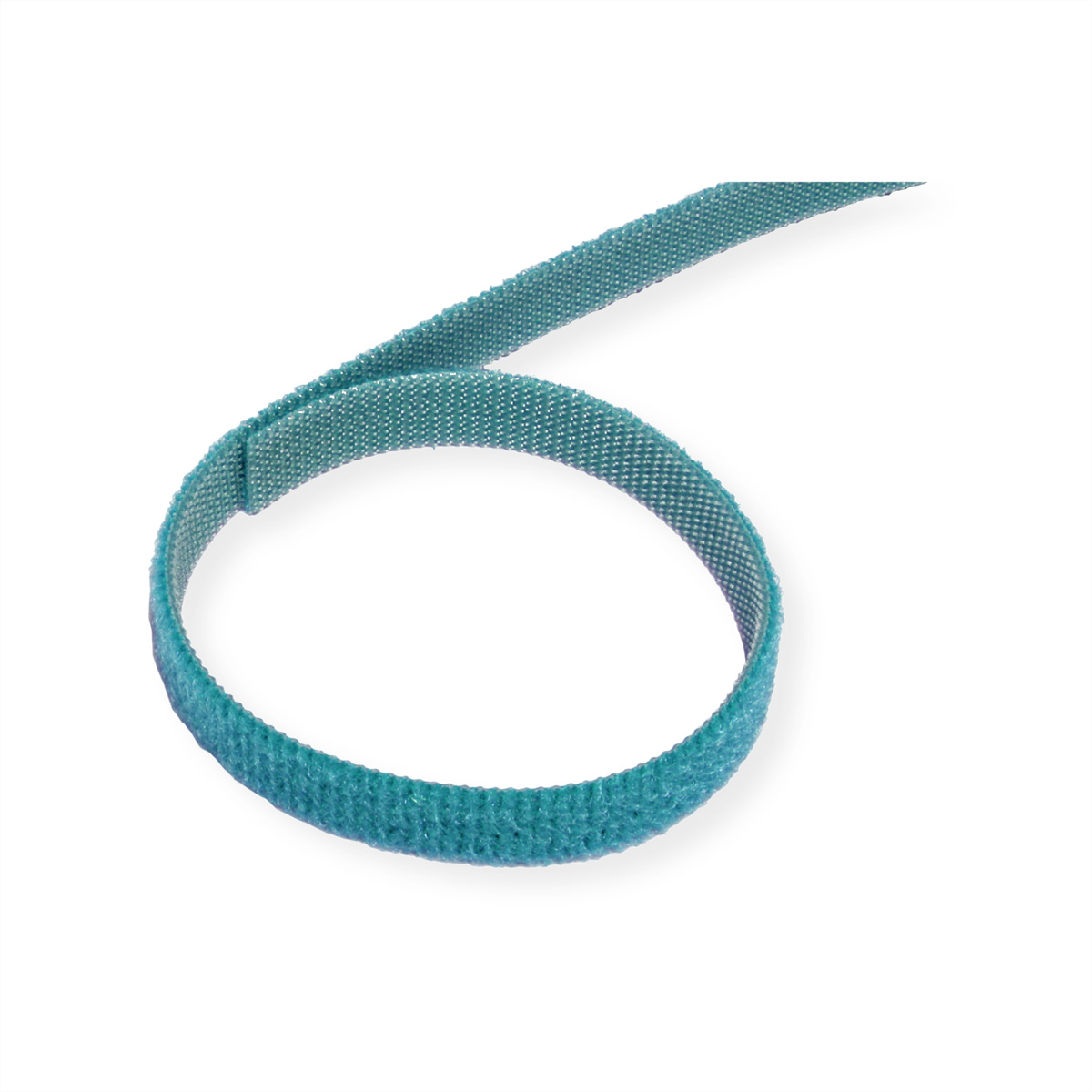 Chiusura in velcro color turchese, arrotolata in un anello. Sfondo bianco.