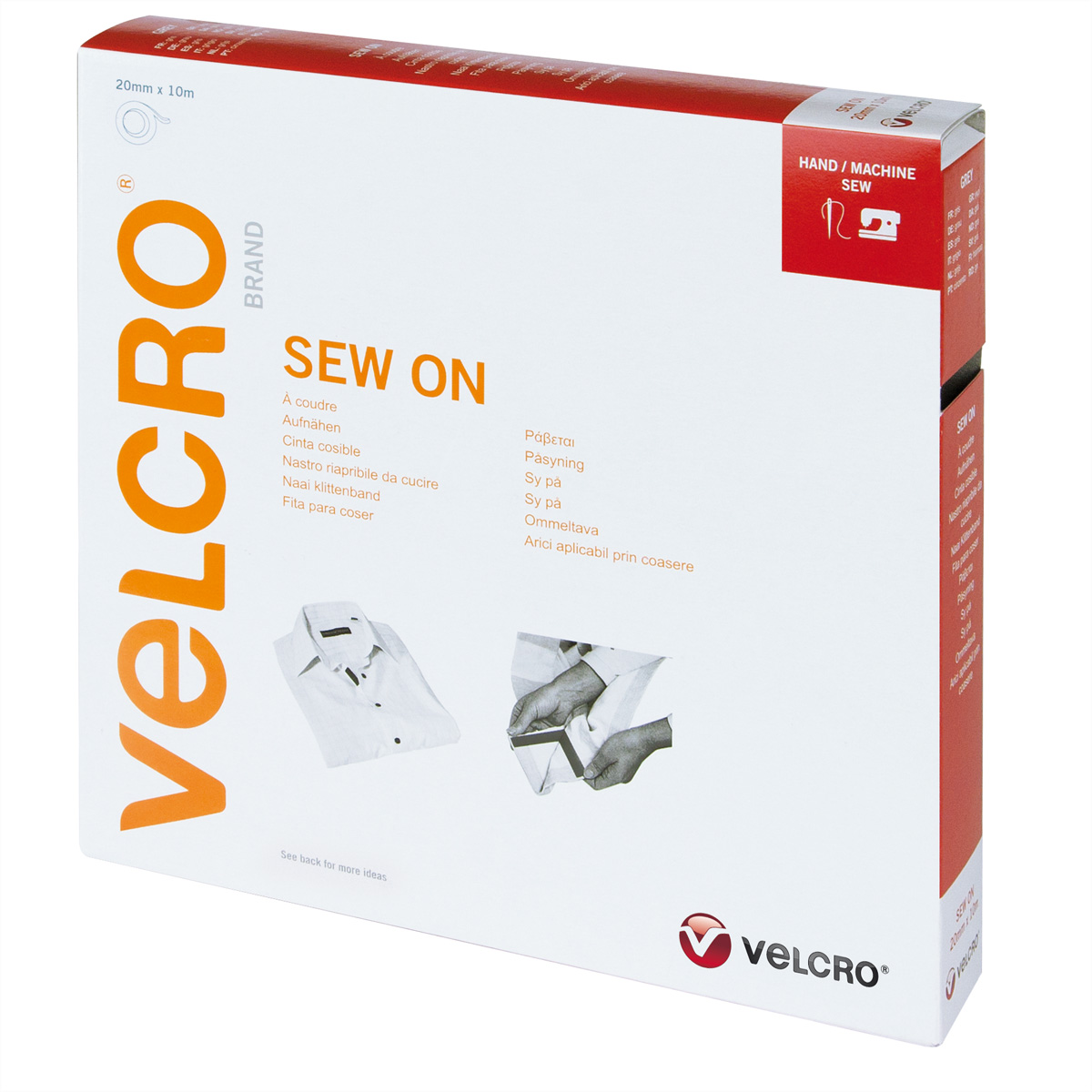 Weiße Schachtel mit Velcro-Marke zum Aufnähen. Die Box zeigt Hemden und Bandverwendung.