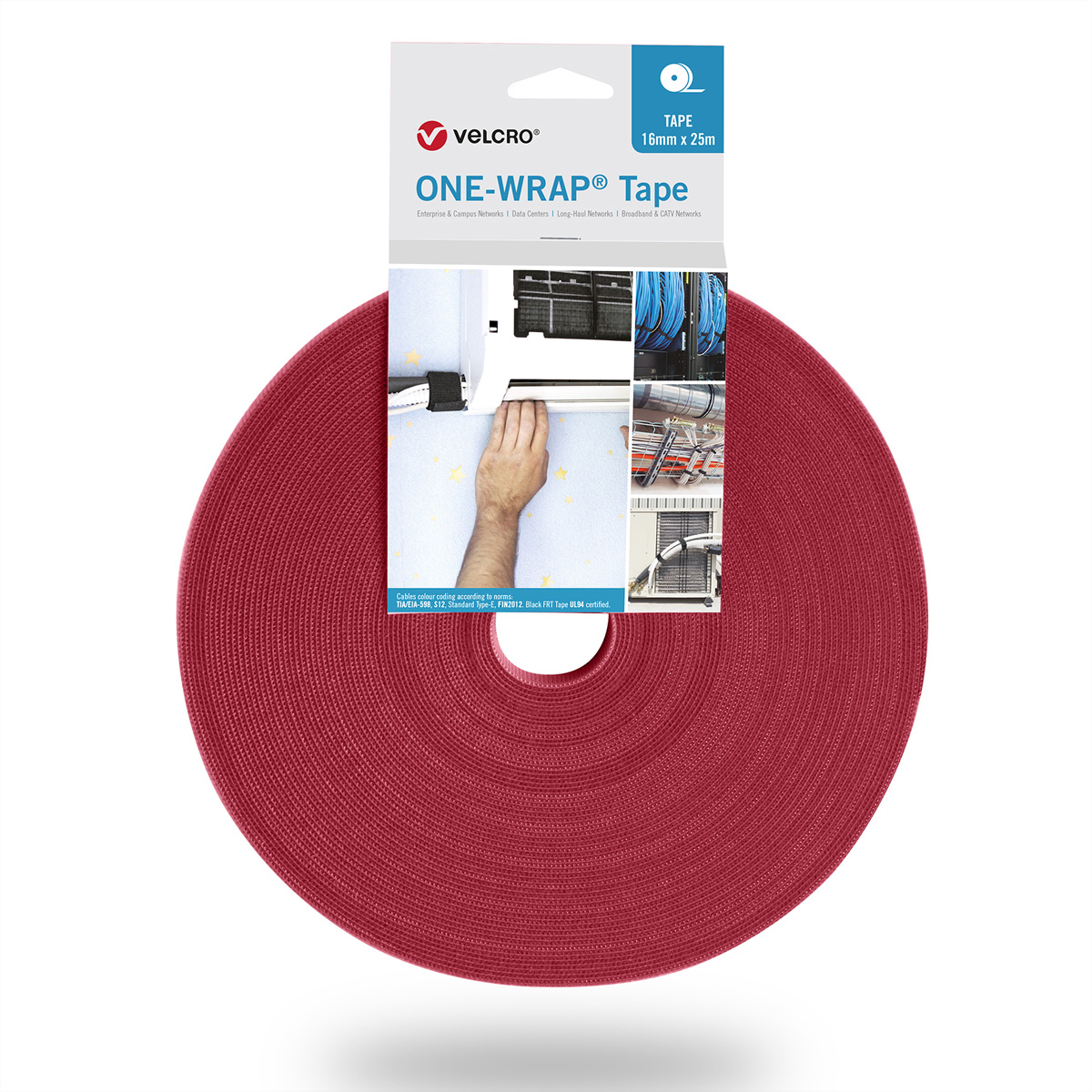 Rotolo di nastro Velcro rosso con etichetta 'ONE-WRAP Tape' con immagini di utilizzo.