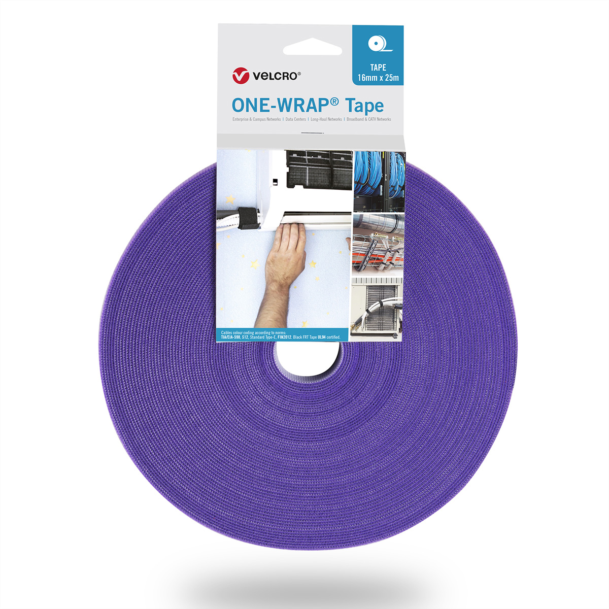 Un rotolo di nastro Velcro ONE-WRAP viola con etichetta bianca e immagini sopra.