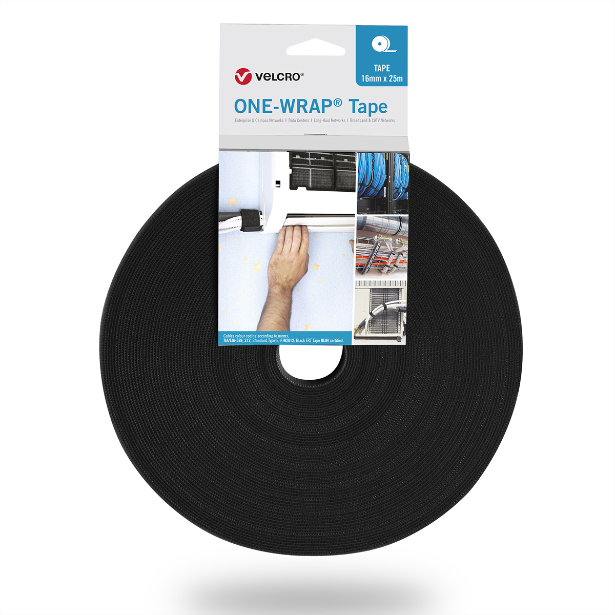 Rullo di nastro Velcro One-Wrap nero con immagini di utilizzo, su sfondo bianco.