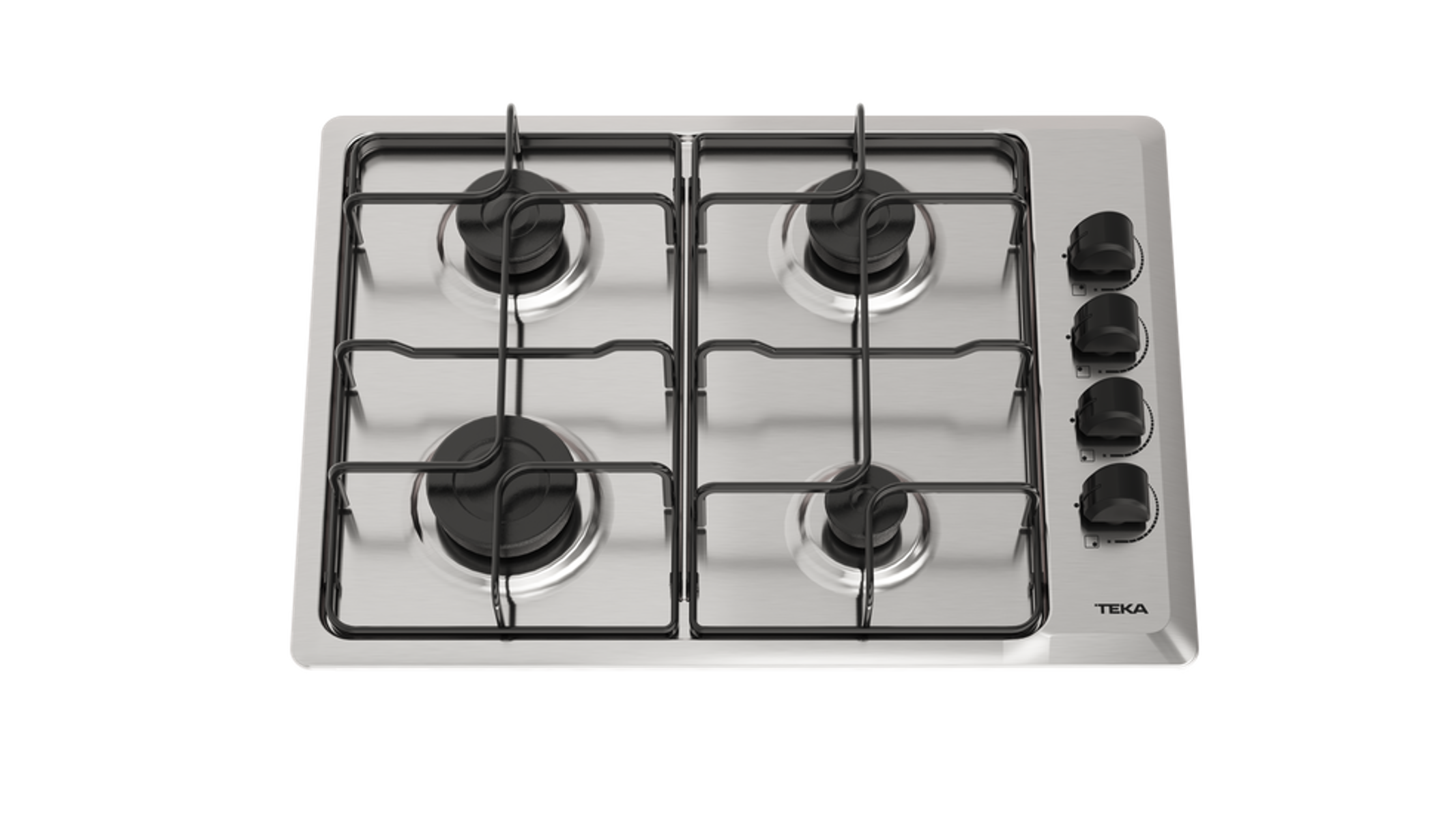 Wbudowana płyta grzewcza ze stali nierdzewnej z czterema palnikami i pokrętłami.