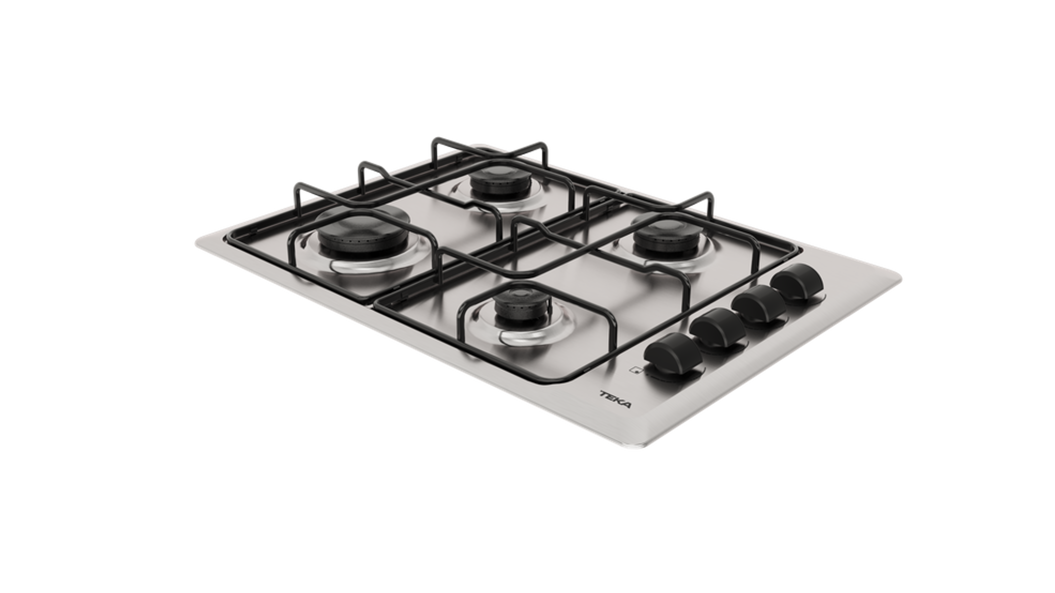Płyta gazowa z czterema palnikami i czarnymi pokrętłami. Powierzchnia ze stali nierdzewnej.