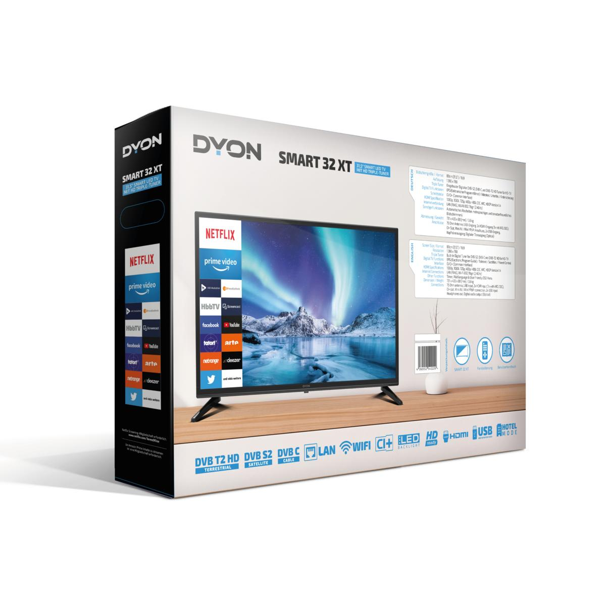 Eine TV-Box mit einem TV-Bild eines Winterlandschaft. Die Box hat mehrere Logos und Text.