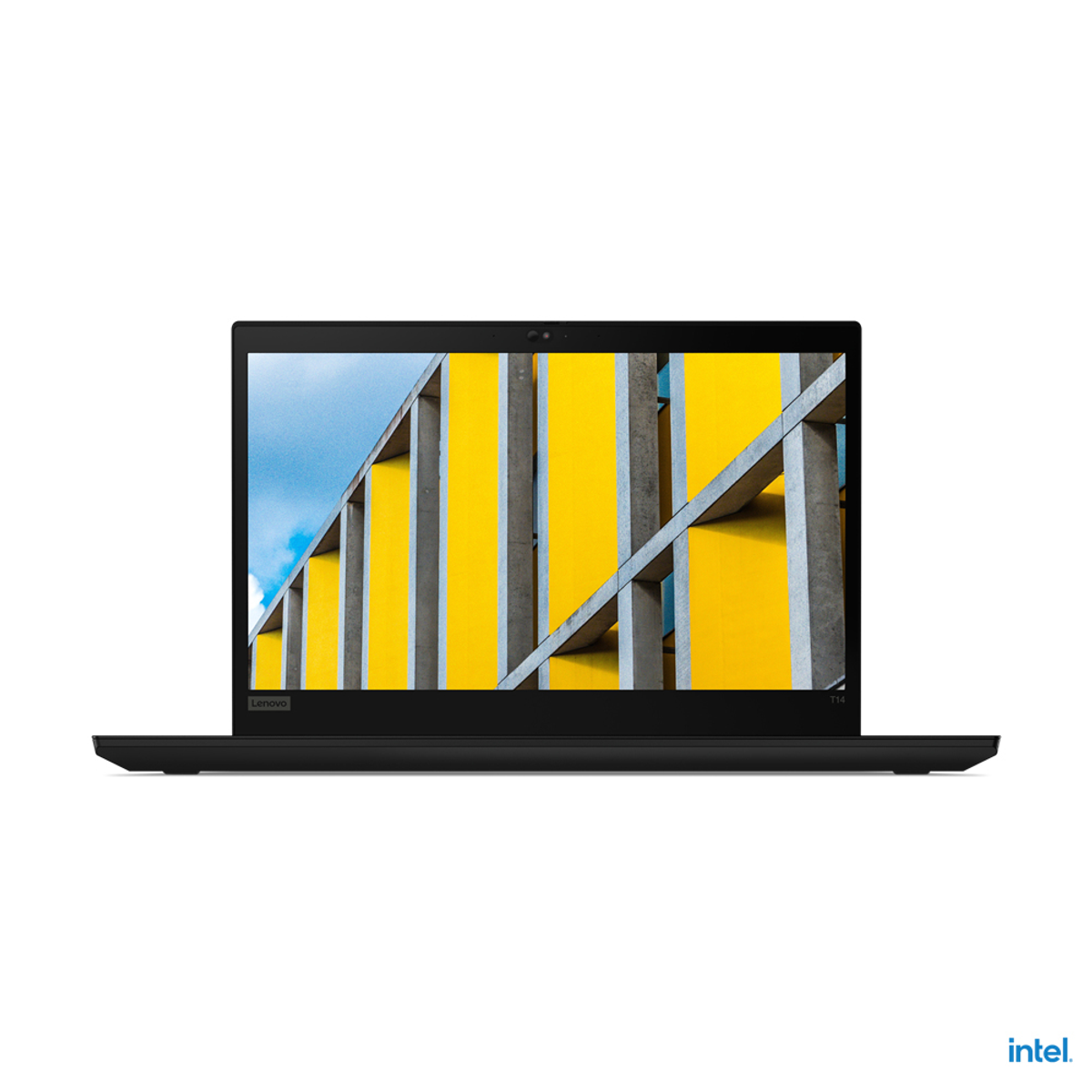 Ein schwarzer Laptop auf einer weißen Oberfläche. Der Bildschirm zeigt ein gelbes und blaues abstraktes Muster.