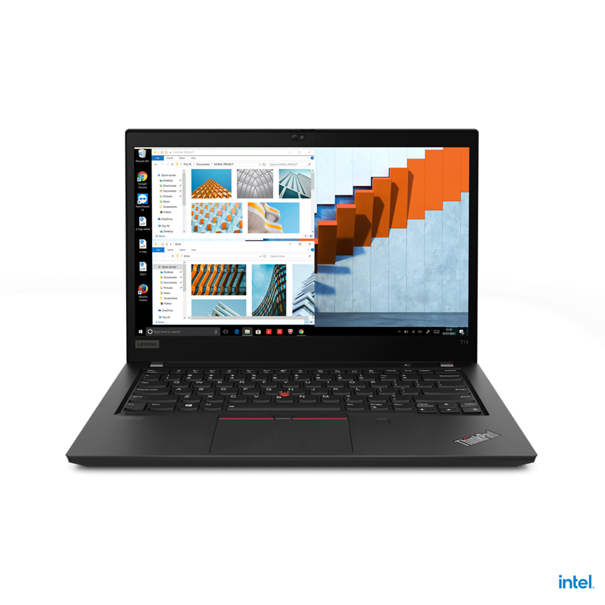 Schwarzer Lenovo Laptop. Anzeige mit offenen Fenstern. Ein Intel-Aufkleber ist vorhanden.