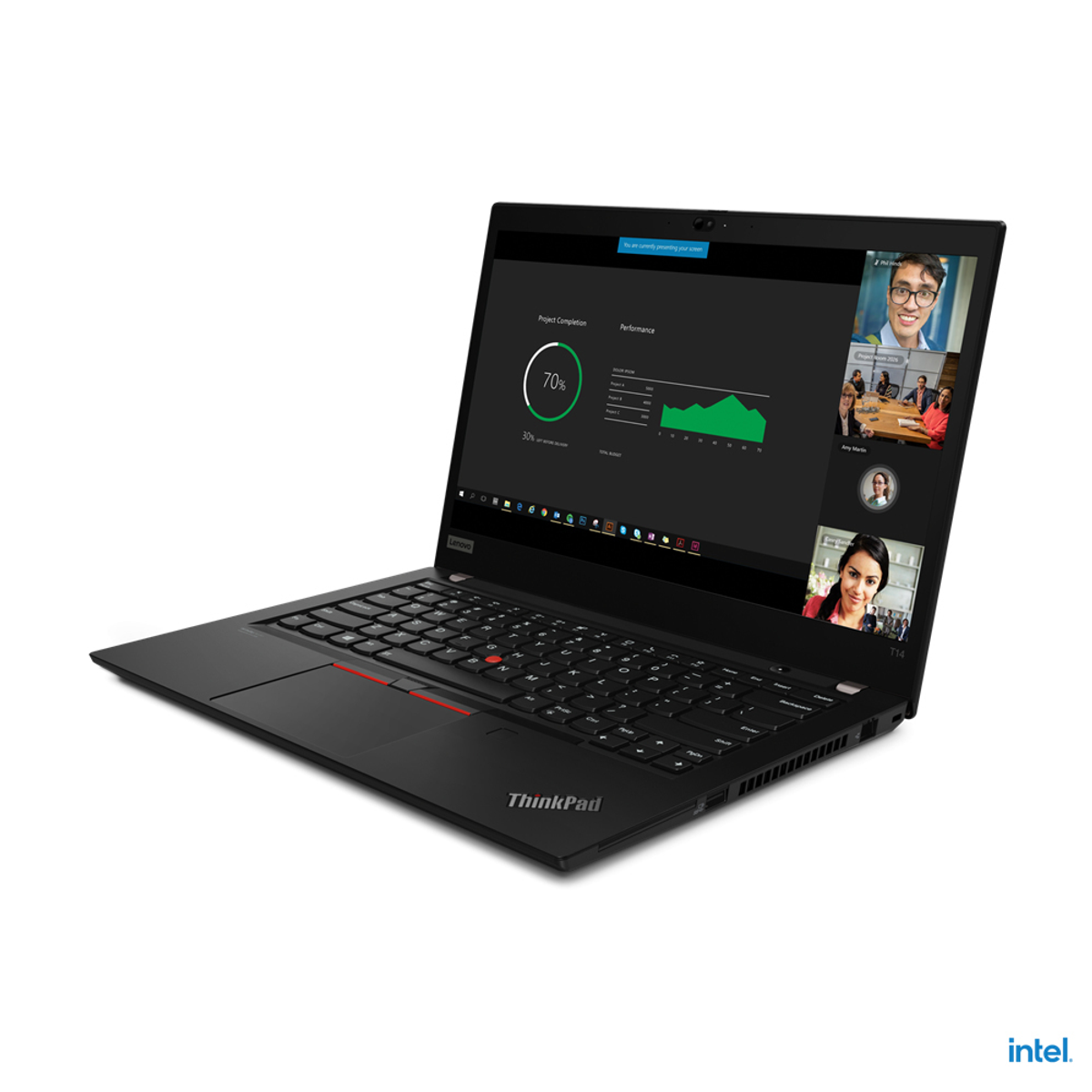 Schwarzer Laptop mit Videogespräch auf dem Bildschirm. Tastatur sichtbar, ThinkPad-Logo. Weißer Hintergrund.