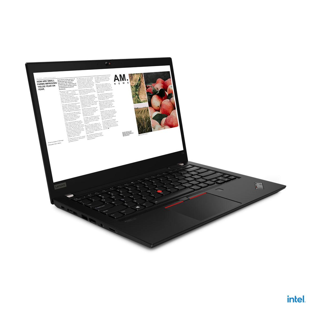 Ein schwarzes Lenovo-Laptop ist geöffnet und zeigt ein Dokument an. Die Tastatur hat einen roten Trackpoint. Intel-Logo unten.