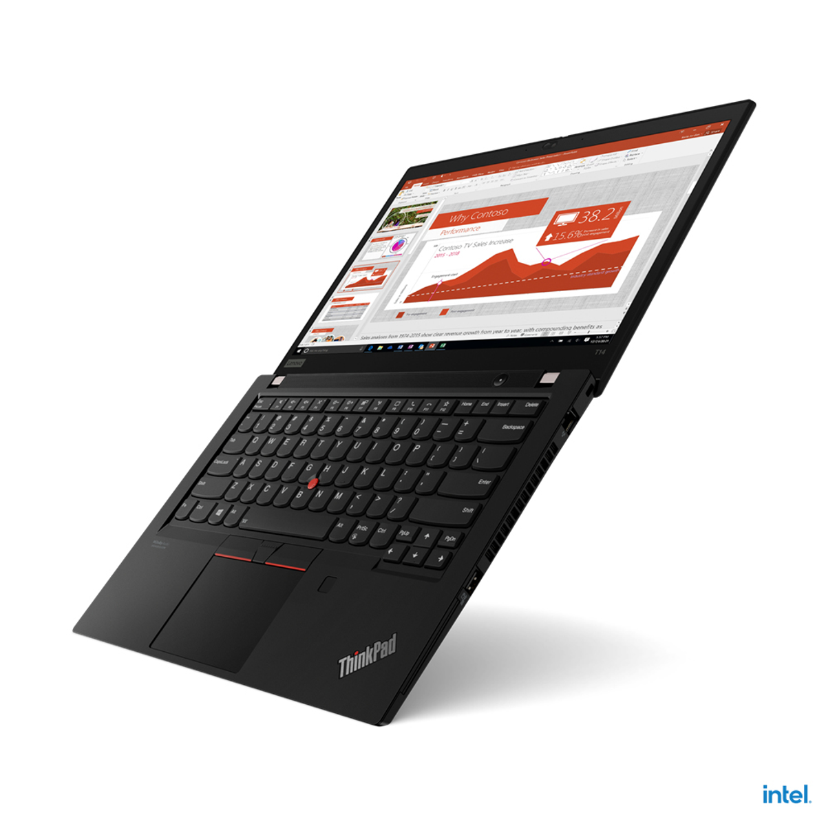 Ein schwarzer Laptop, der geöffnet ist. Eine Präsentation ist auf dem Bildschirm sichtbar.