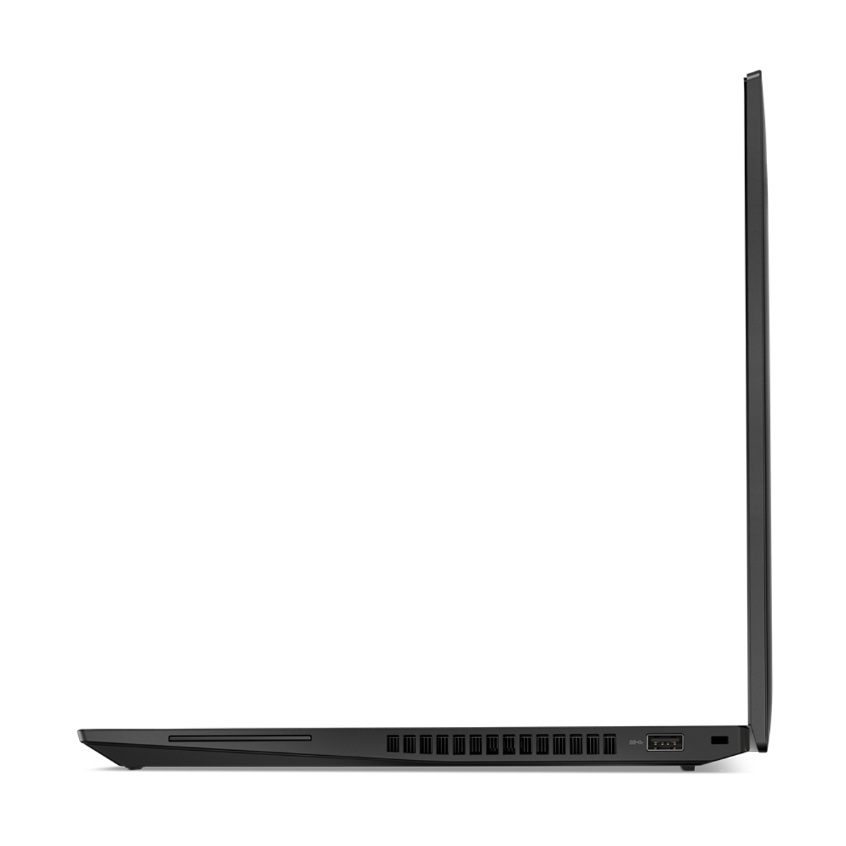 Seitenansicht eines schwarzen Laptops mit Seitenanschlüssen und schlankem Profil.