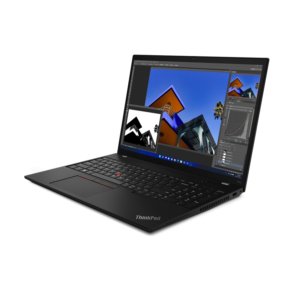Ein schwarzes ThinkPad-Laptop mit einem Bildschirm, auf dem eine Grafikdesign-Oberfläche angezeigt wird.