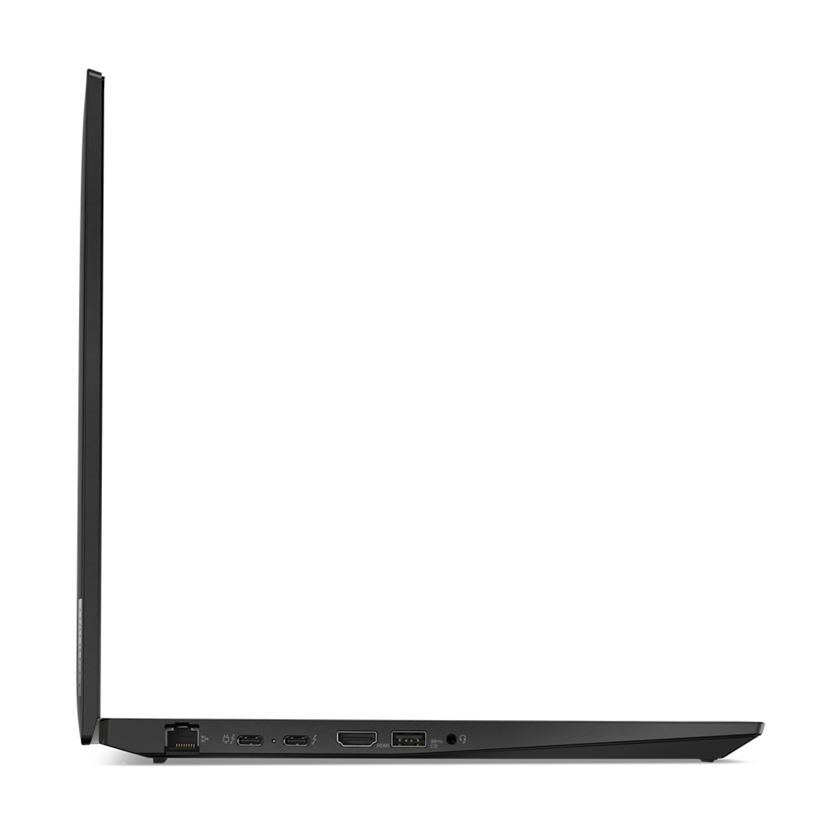 Seitenansicht eines schwarzen Laptops mit Anschlüssen und Lüftungsschlitzen.
