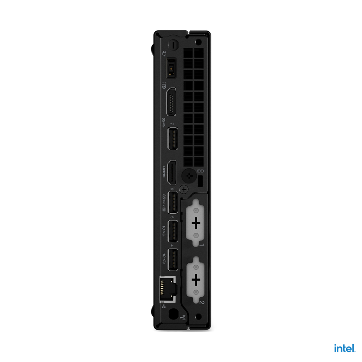Mini PC Lenovo ThinkCentre negro, vista trasera, con múltiples puertos y conectores.