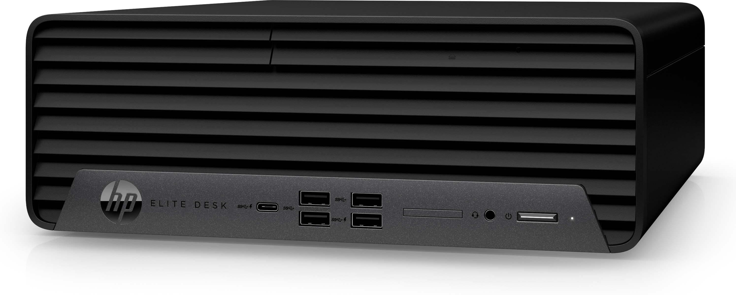 Ordenador HP Elite Desk negro con puertos en la parte delantera.