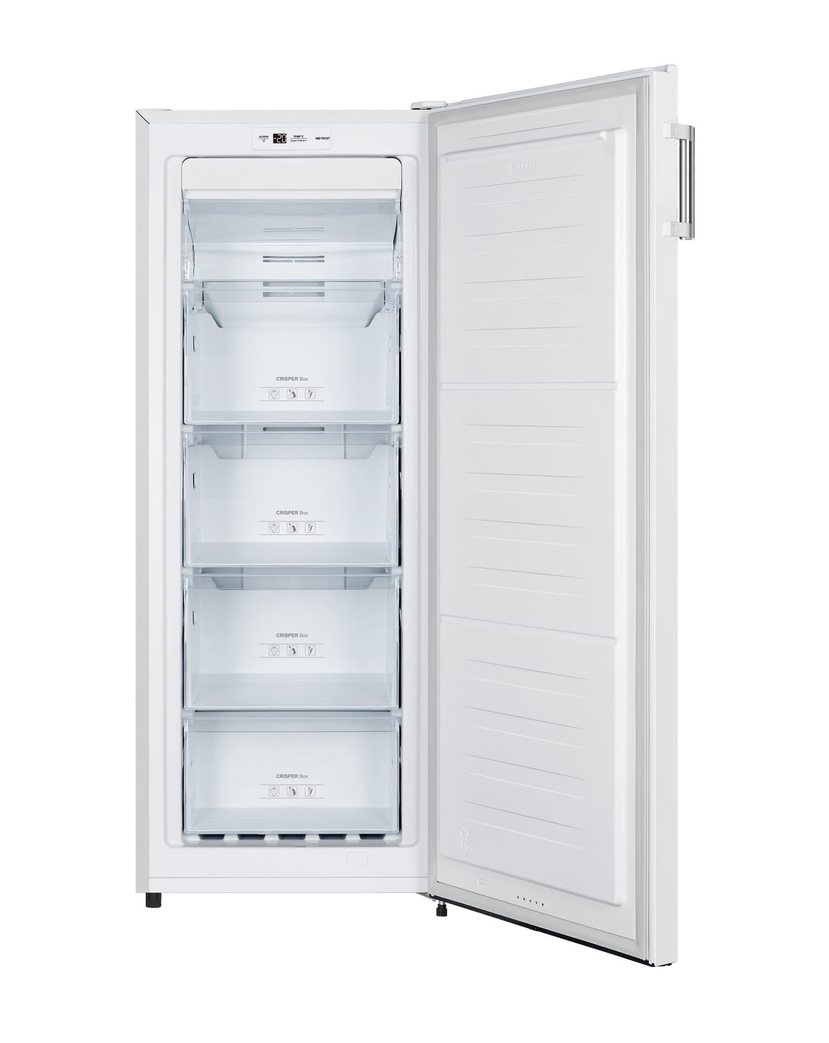 Congelador blanco con la puerta abierta. Cuatro cajones en el interior.