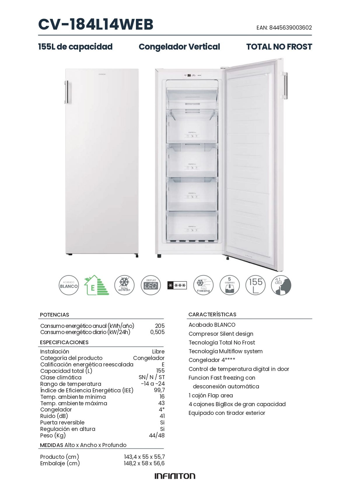 Congelador vertical blanco con tabla de especificaciones y puerta abierta, fondo blanco.