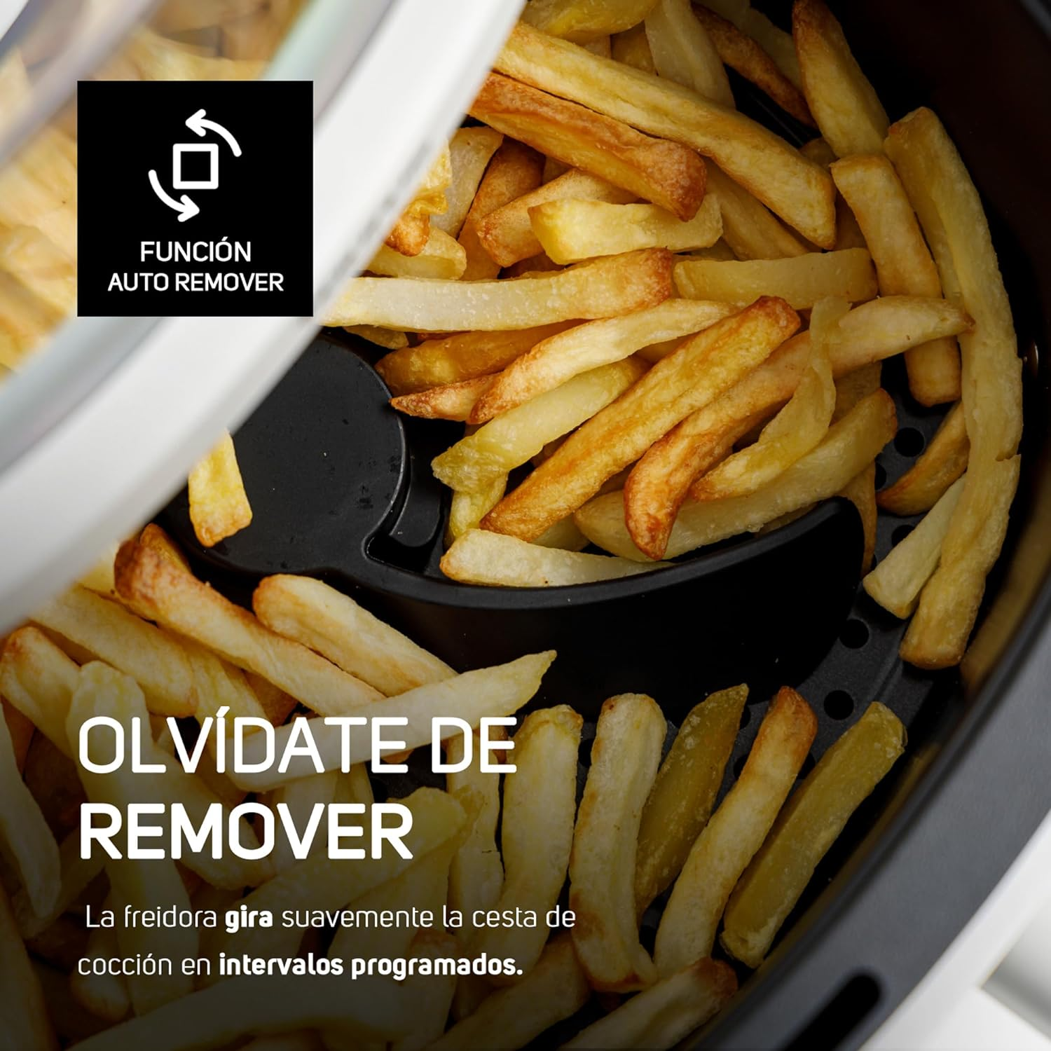 Freidora de aire con patatas fritas. Icono de función de auto-extracción. Texto: Olvídate de quitar.