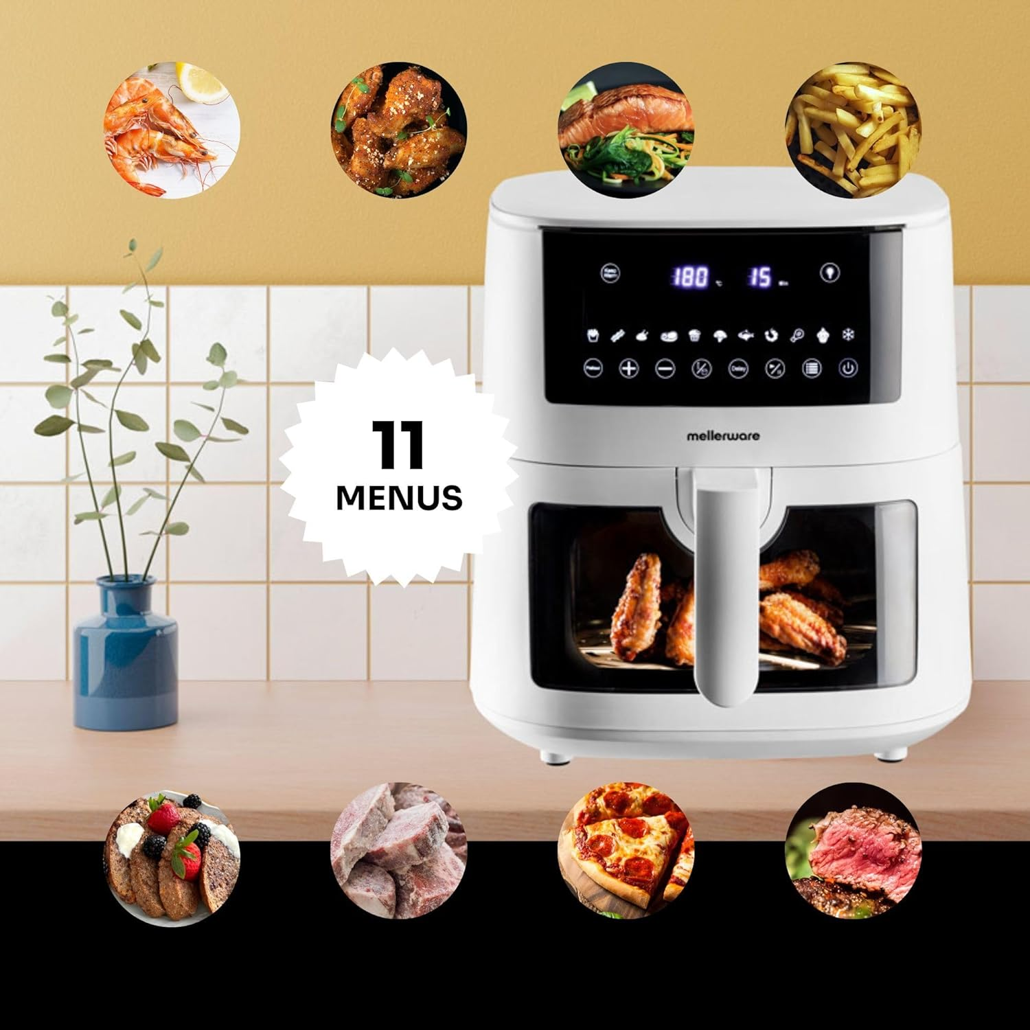 Freidora de aire blanca con varias opciones de comida alrededor. Incluye camarones, alitas, bistec y papas fritas.