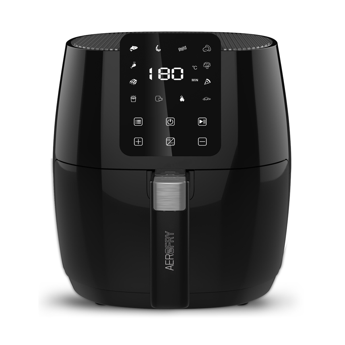 Freidora de aire negra con pantalla digital que muestra la temperatura e iconos de función.