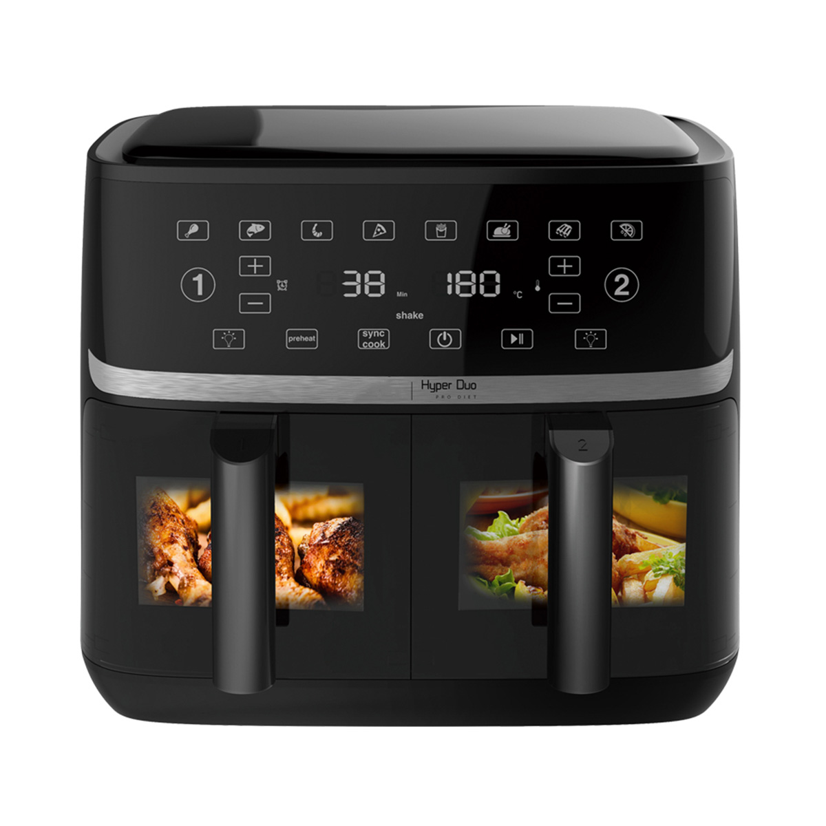 Freidora de aire negra con pantalla digital y dos compartimentos para alimentos, mostrando comida cocinada. Fondo blanco.