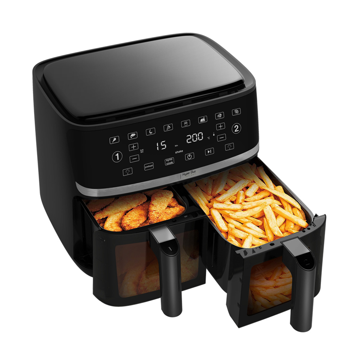 Freidora de aire negra con dos compartimentos, uno con papas fritas, otro con comida.