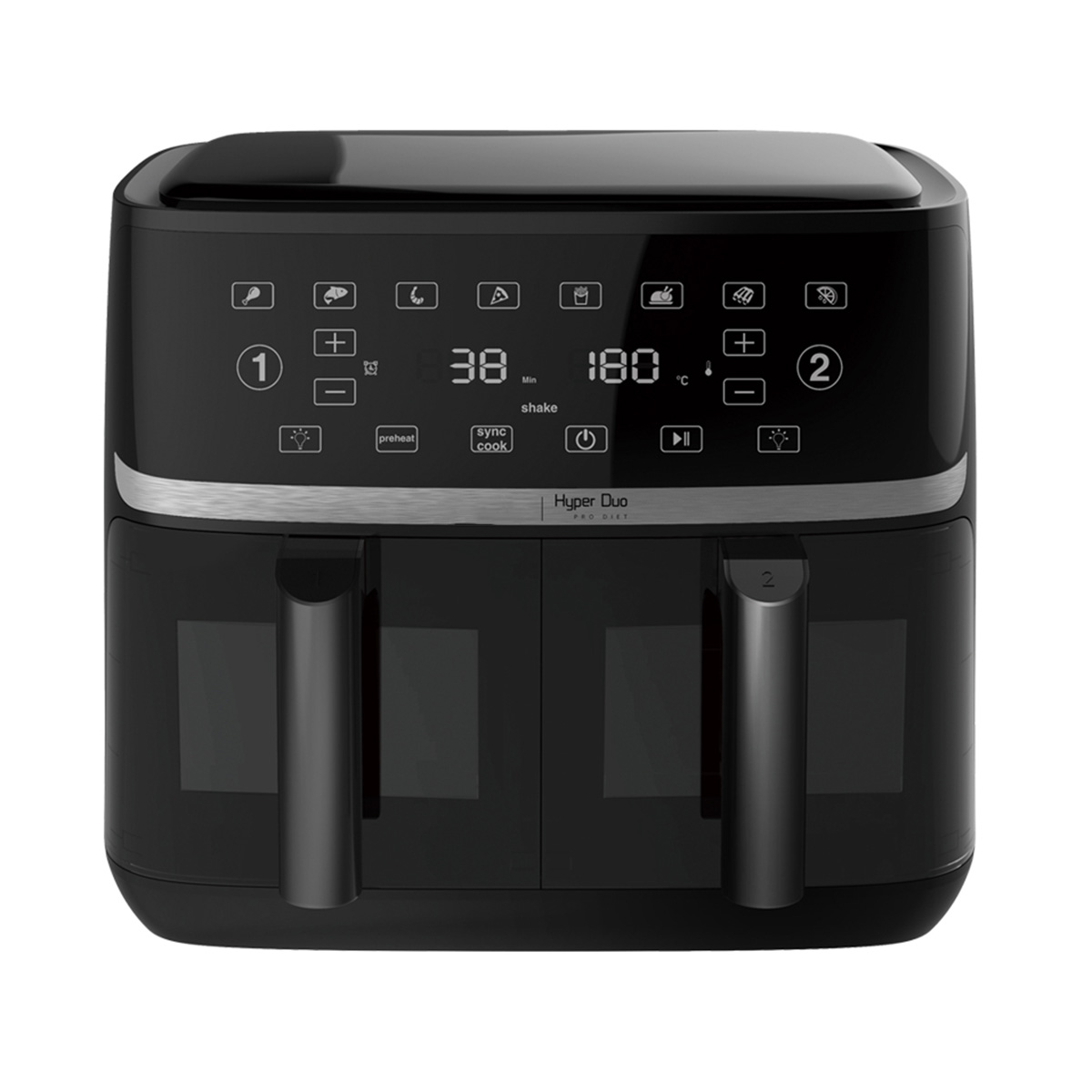 Freidora de aire negra con pantalla digital y botones de control. Tiene dos compartimentos.