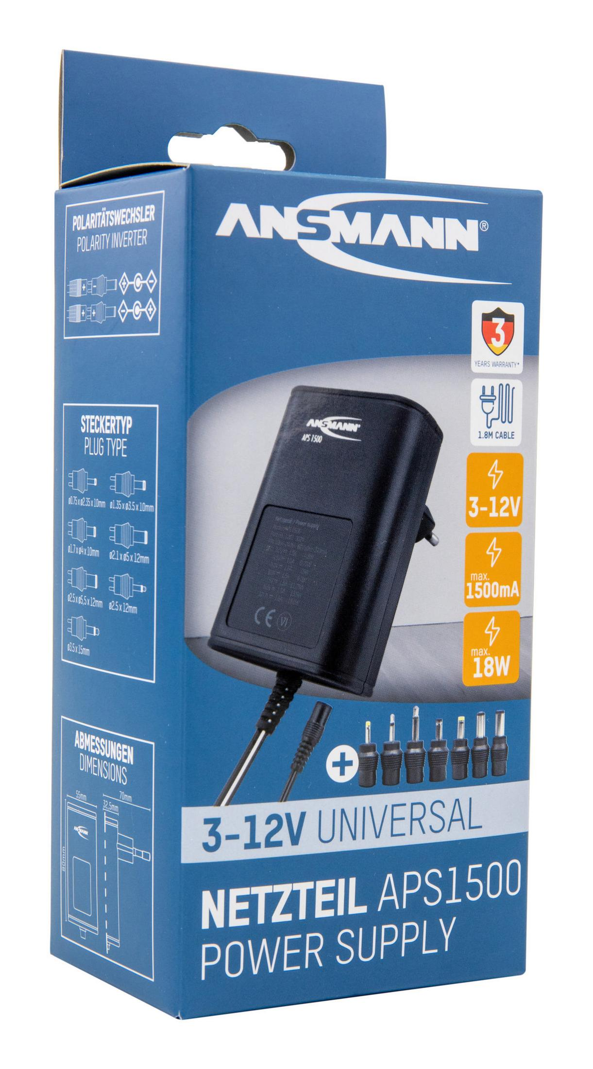 Verpacktes schwarzes Netzteil mit mehreren Steckeradaptern, gekennzeichnet mit universellen 3-12V- und 18W-Spezifikationen.