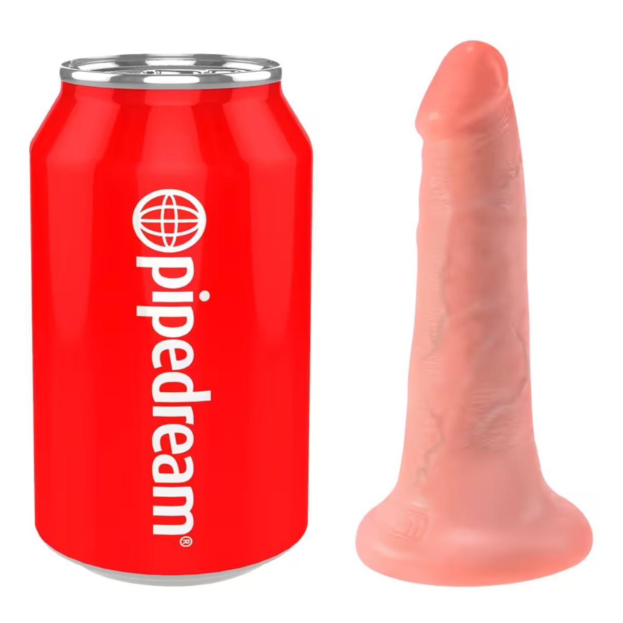 Eine rote Dose mit dem Logo "pipedream" neben einem pinkfarbenen Dildo. Beide Objekte stehen vor weißem Hintergrund.