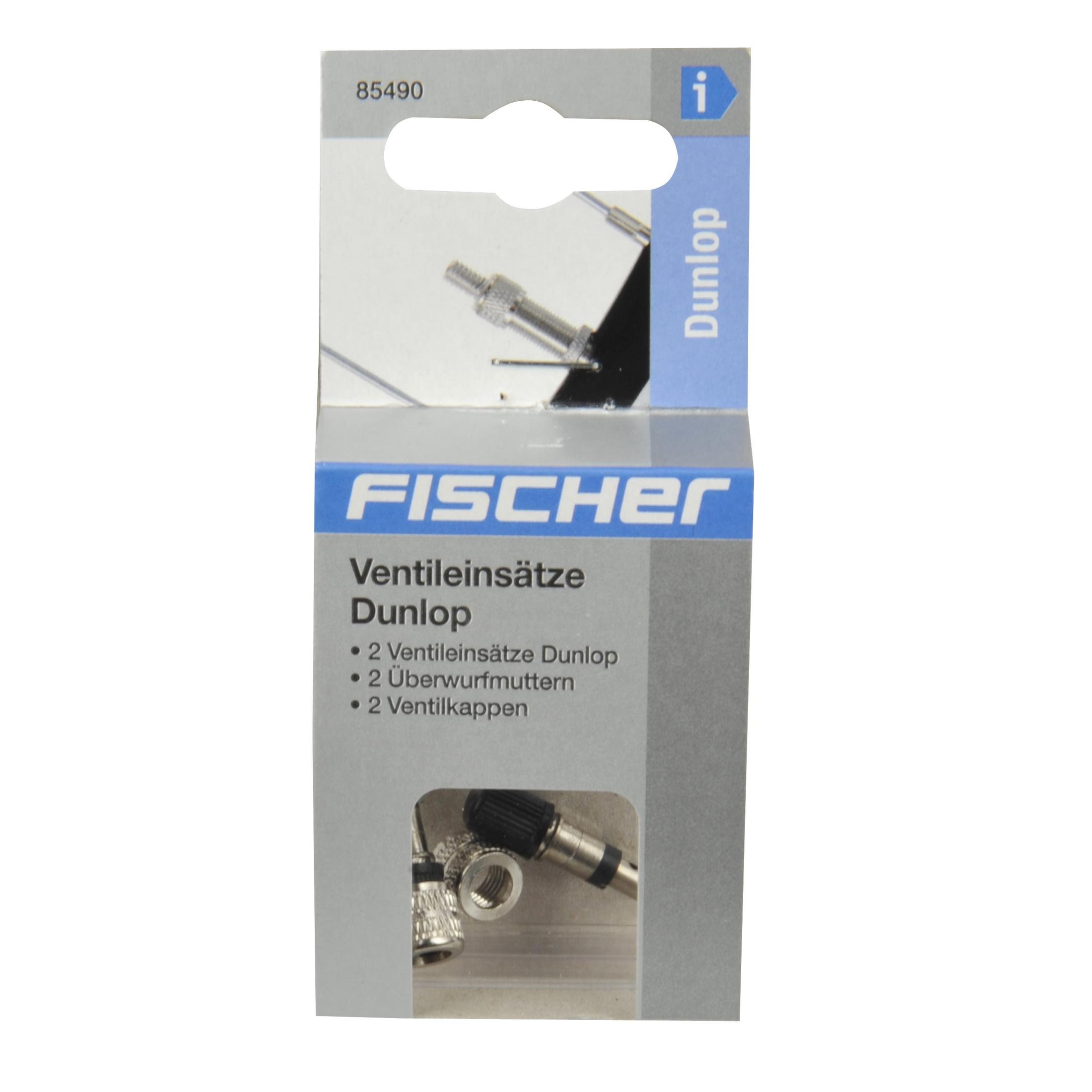 Verpackung für Fahrradventileinsätze. Enthält zwei Einsätze, Muttern und Kappen. Weißer und blauer Hintergrund.